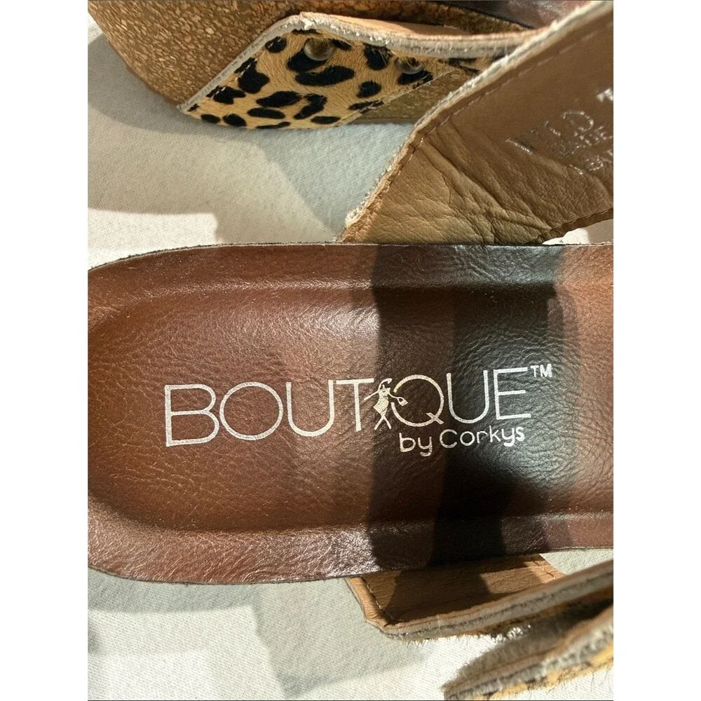 Corkys Wild Thing Leopard Pony Hair Cork Wedge Sandals Size 8